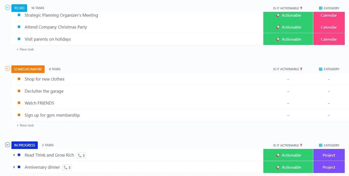 Modèle ClickUp « Getting Things Done »