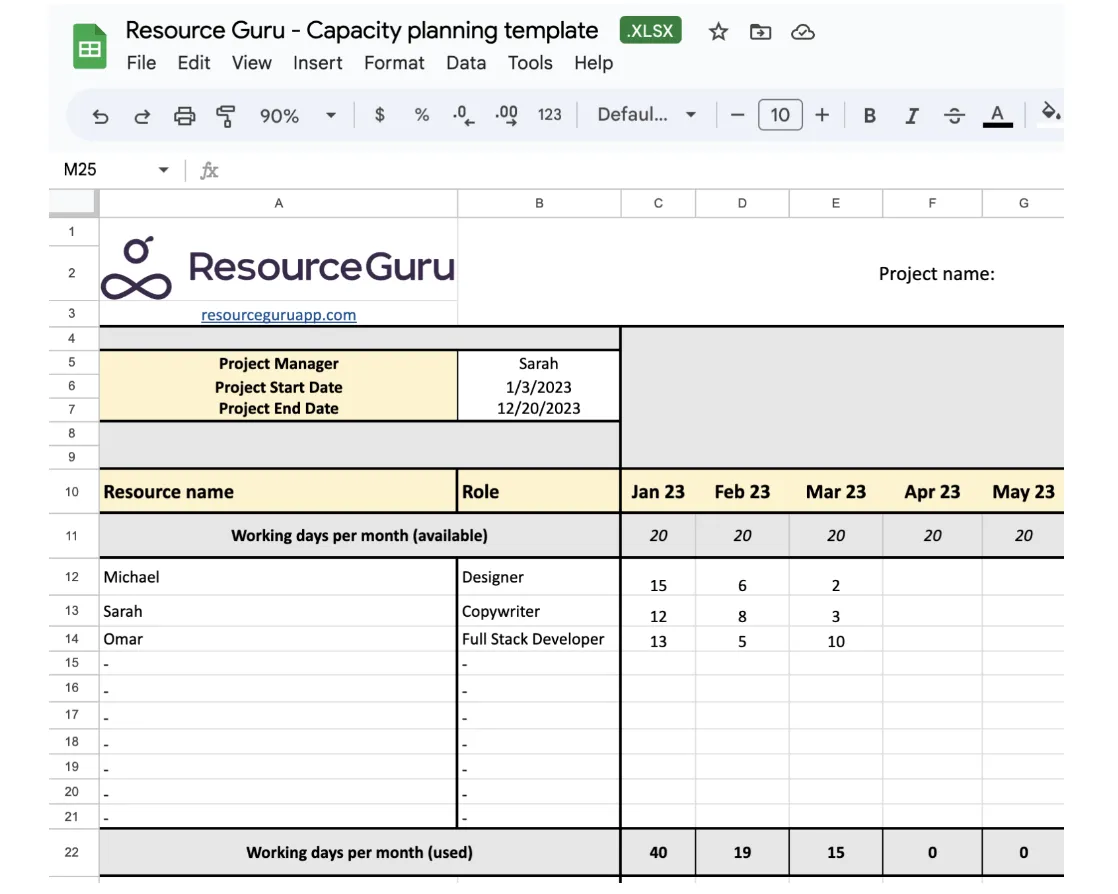 Mẫu kế hoạch sức chứa tài nguyên Excel của Worklife