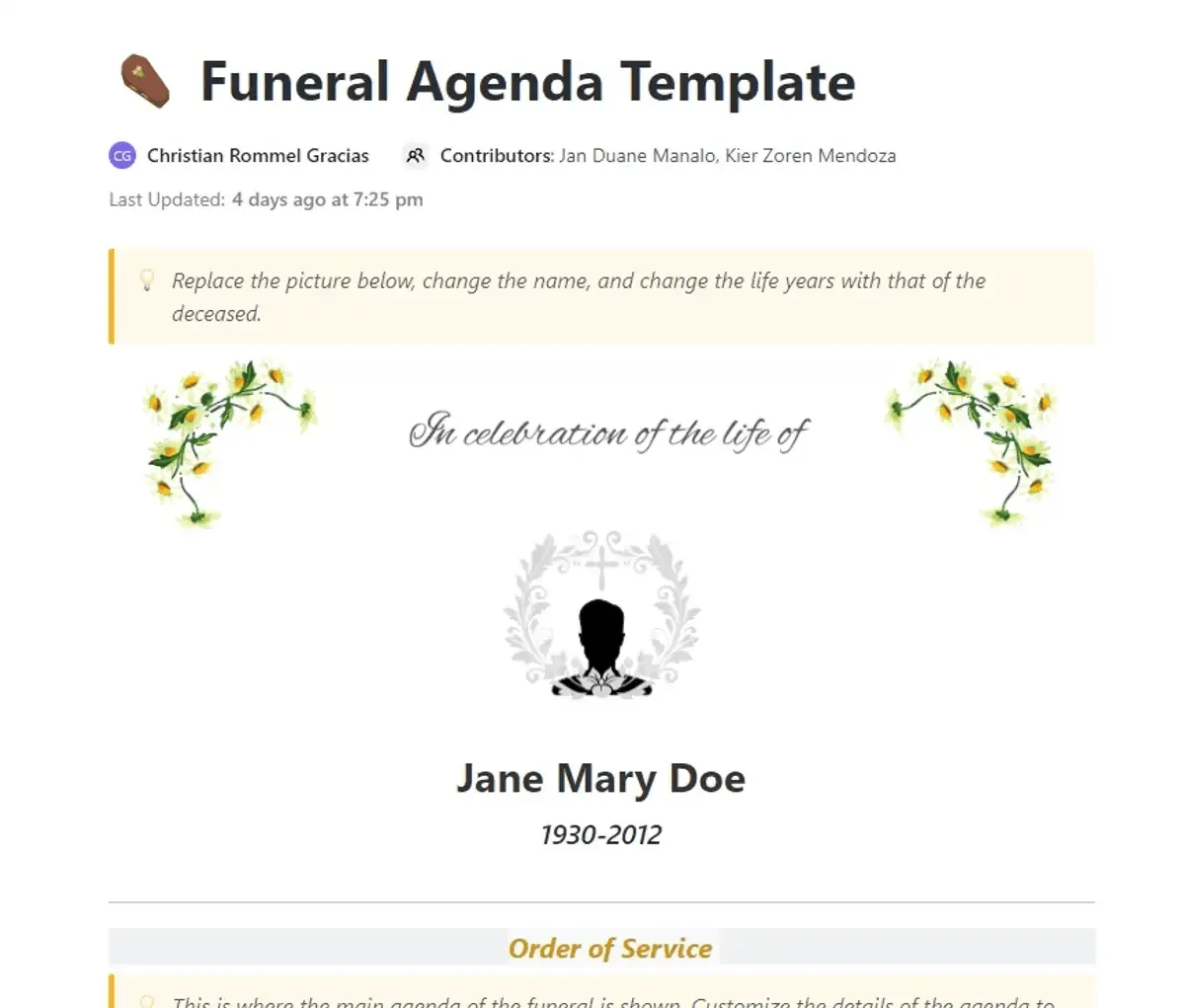 Modello di programma funebre di ClickUp