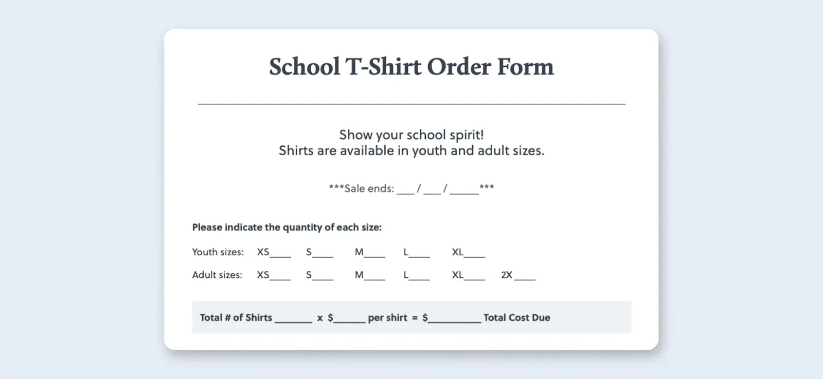 เทมเพลตแบบฟอร์มสั่งซื้อเสื้อยืดโรงเรียน Excel / Google Sheets โดย Bonfire