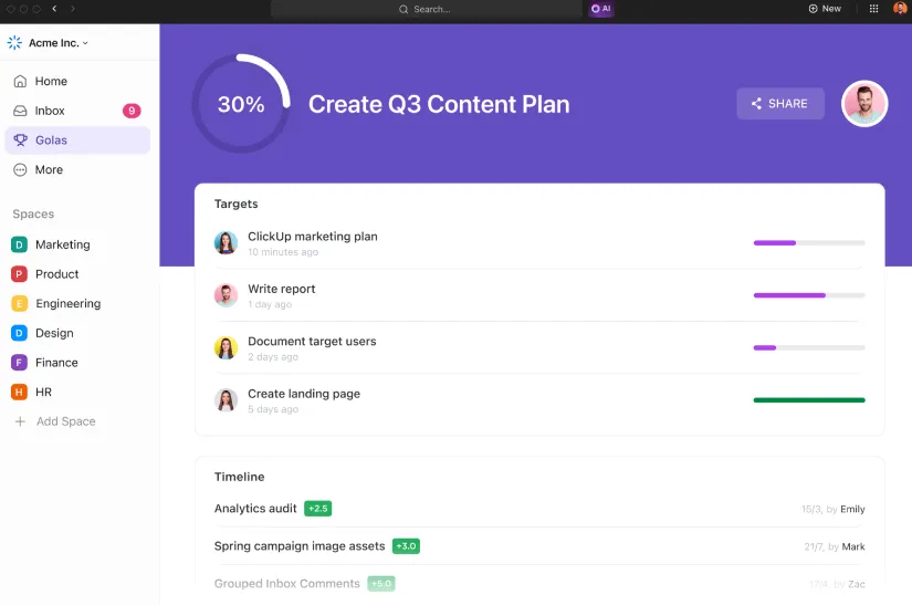 Legen Sie die Ziele Ihres PMO in ClickUp Goals fest.