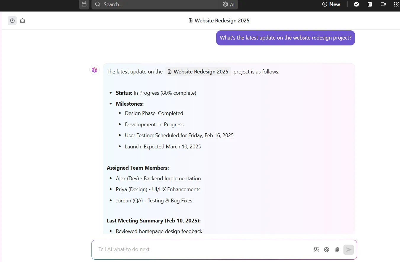 Descubre información clave, seguimientos, actualizaciones de proyectos y progreso con ClickUp Brain