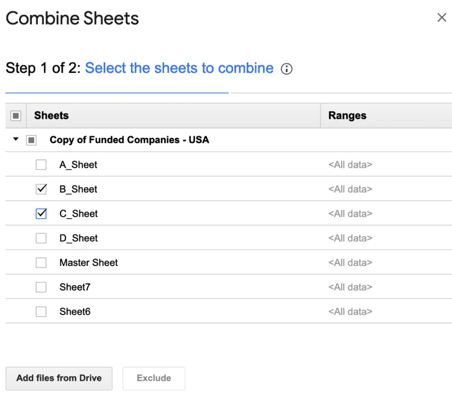 Langkah 1 untuk menggunakan add-on 'Combine Sheets' di Google Sheets