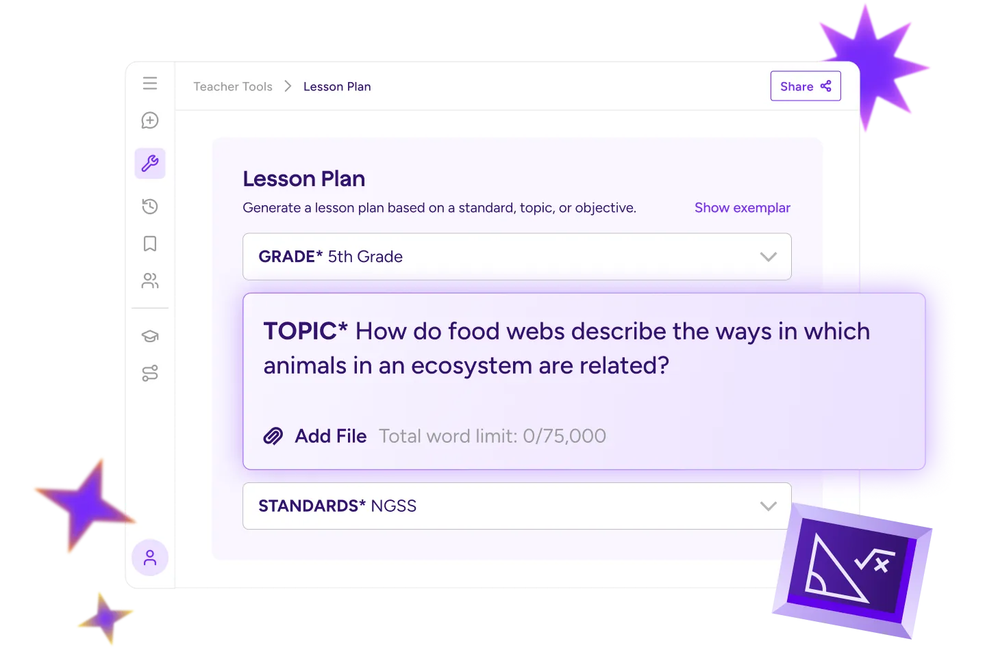 Modulo di pianificazione delle lezioni di MagicSchool con selezione della quinta elementare, argomento "rete alimentare" e standard NGSS
