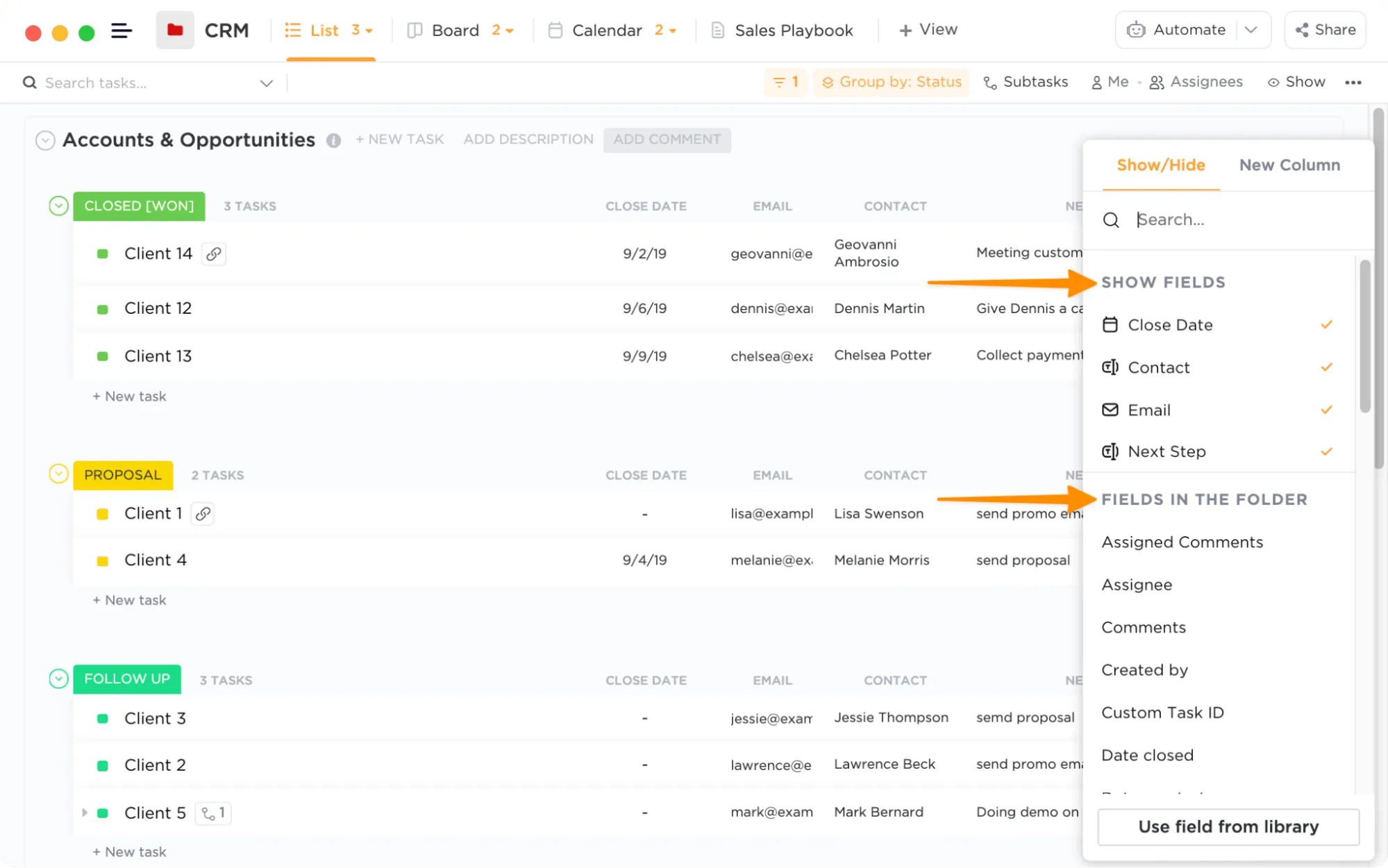 Verwalten Sie ein individuelles CRM in ClickUp, indem Sie einzigartige Aufgabenfelder erstellen, um Kundentelefonnummern, E-Mails, Notizen und potenzielle Kunden zu verwalten.