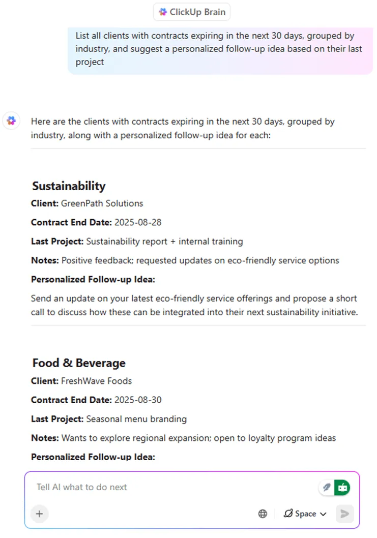 ClickUp Brain: Liste idealer Clients