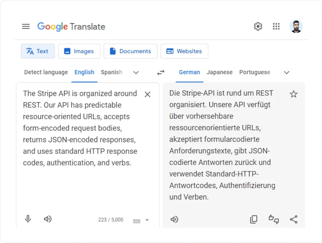 Google Translate irányítópult