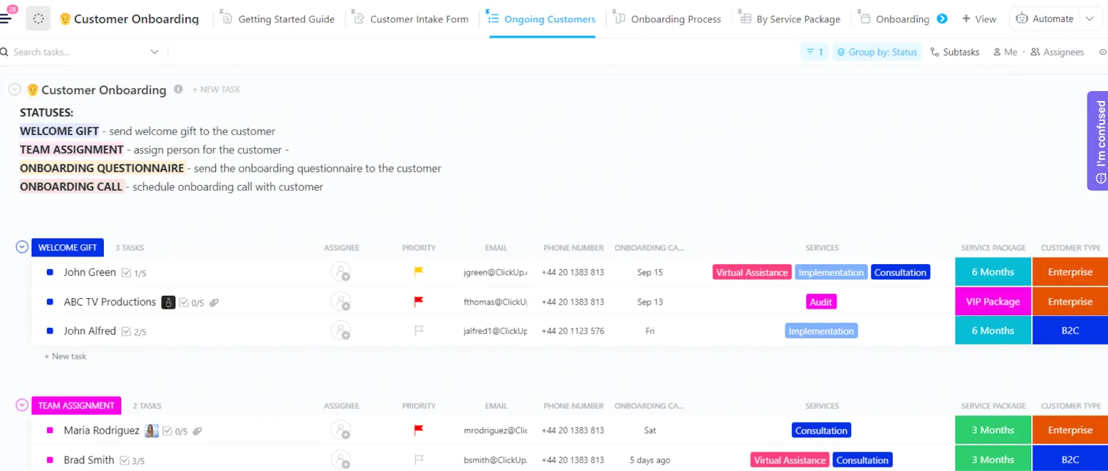 Le modèle d'intégration client vous aide au suivi des tâches que vous devez achever pour que chaque nouveau client soit pleinement opérationnel au sein de votre entreprise.