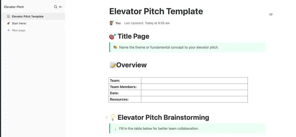 Modèle ClickUp Elevator Pitch