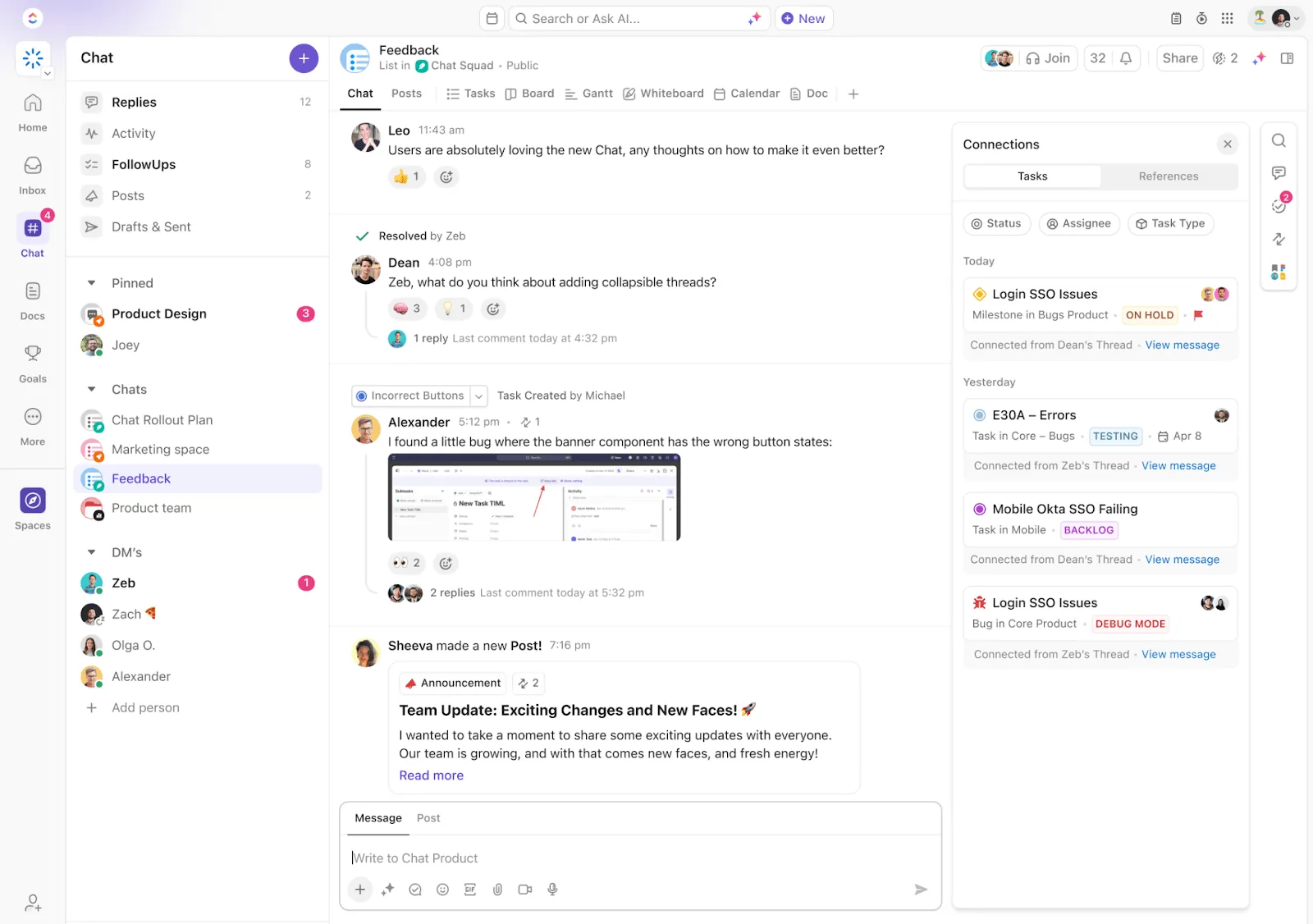 Използвайте ClickUp Chat, за да централизирате комуникацията и да подобрите HR процесите.