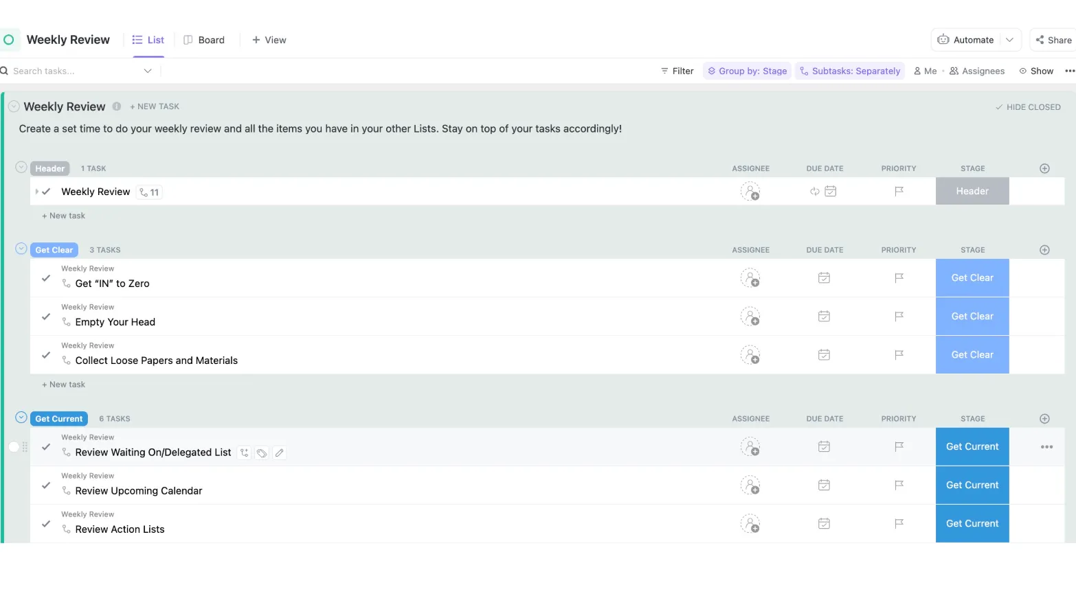 Modèle ClickUp « Getting Things Done » (Faire avancer les choses à faire)