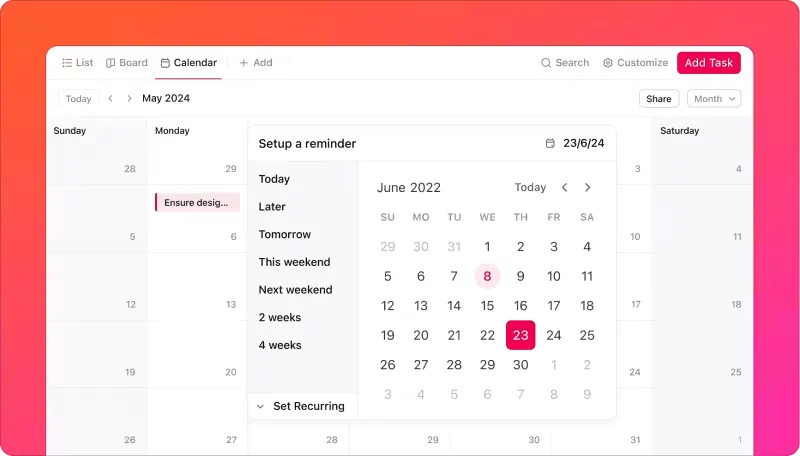Richten Sie Erinnerungen ein und freuen Sie sich auf pünktliche Meetings mit ClickUp Reminders.