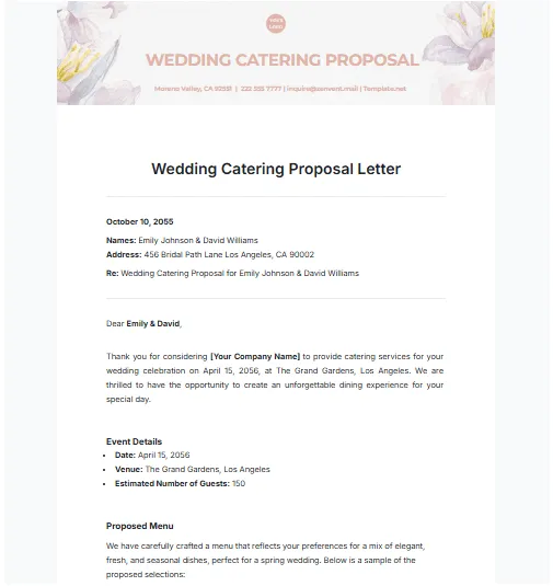Angebotsschreiben für Hochzeitscatering mit Vorlage von Template.Net