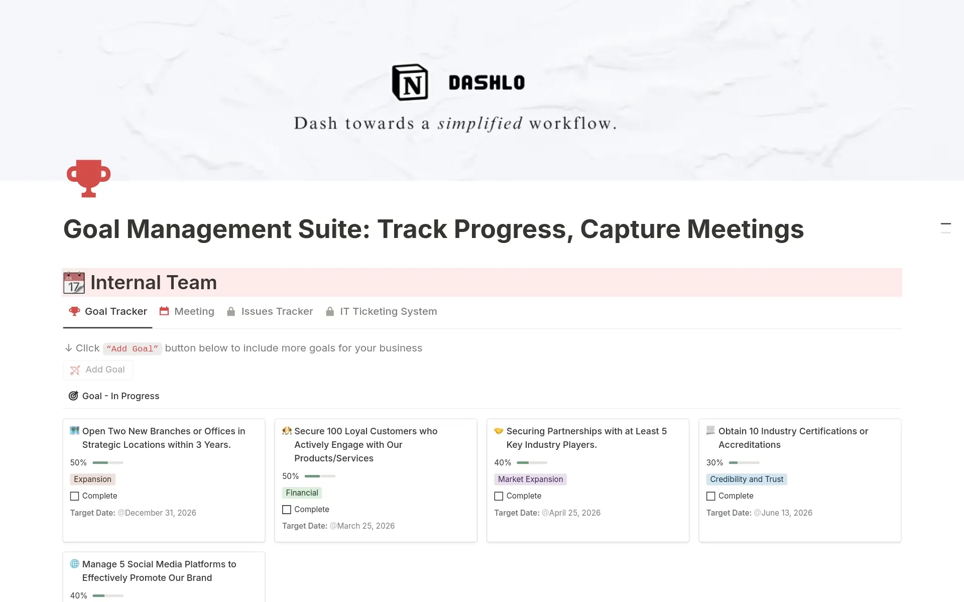 Modèle d'objectifs Notion : modèle Goal Management Suite de Notion