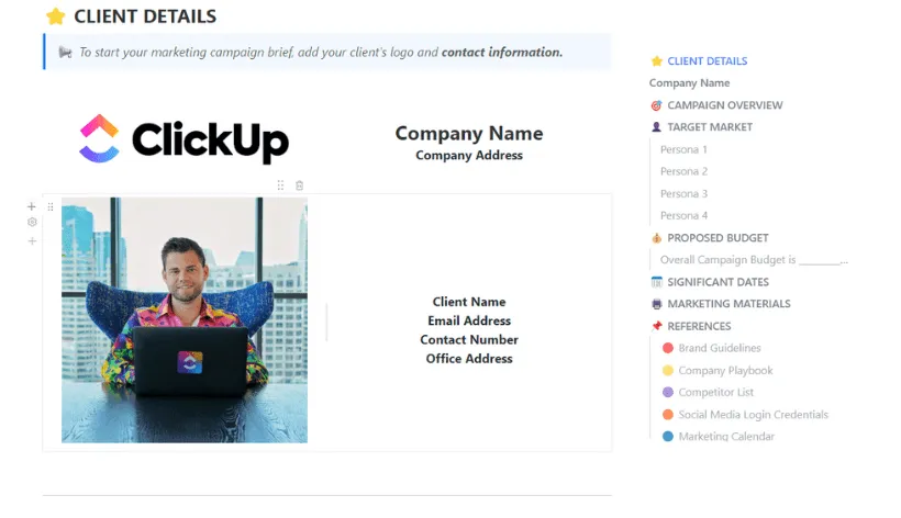 Modelo de briefing de campanha de marketing da ClickUp