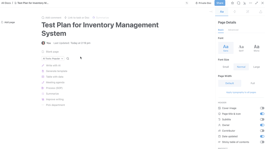 Plano de teste de IA da ClickUp para gerenciamento de estoque – Exemplo