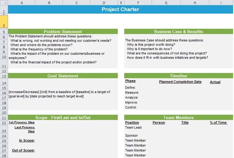 Modelo de Carta de Projeto do Excel da GoLeanSixSigma