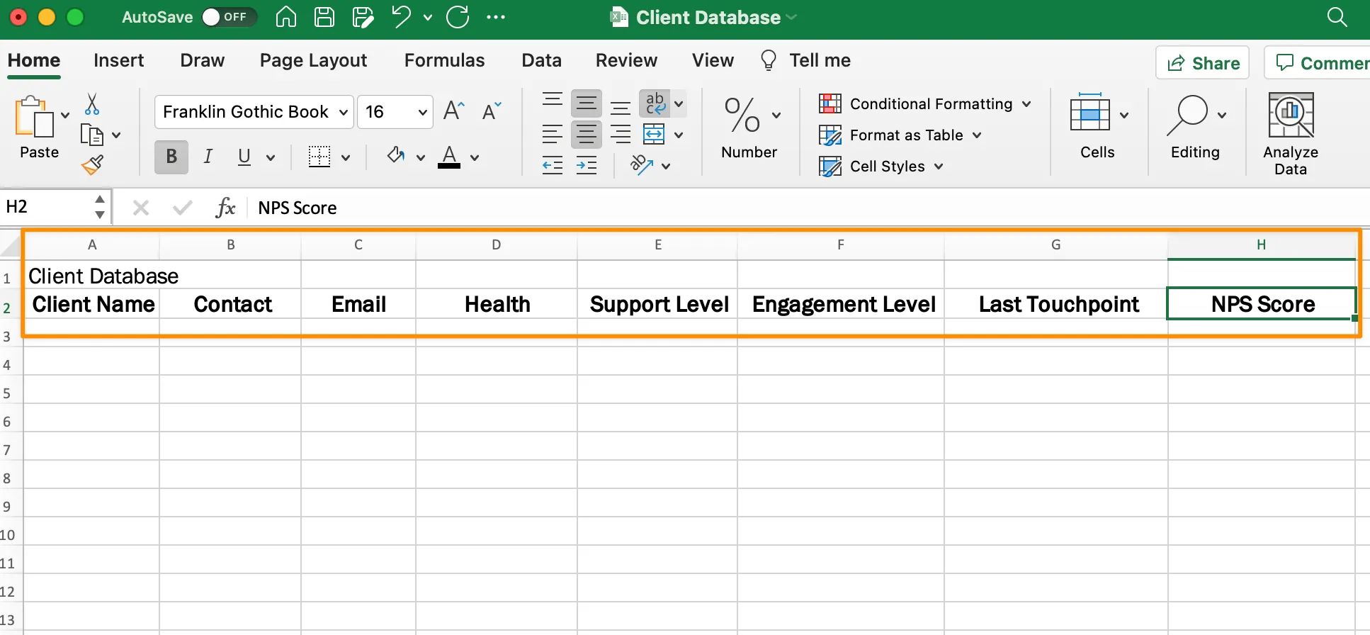Thêm tiêu đề cột vào hàng thứ hai của bảng cơ sở dữ liệu Excel