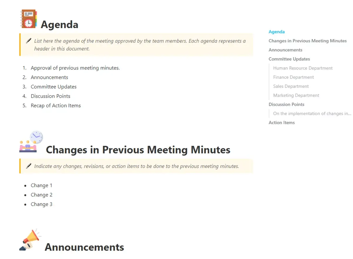 Registre as atas da reunião em um formato estruturado com o modelo de atas de reunião do ClickUp.