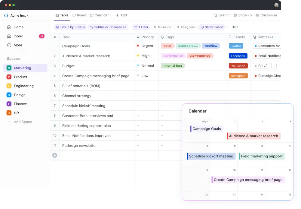 ClickUp Tabel en kalender weergave