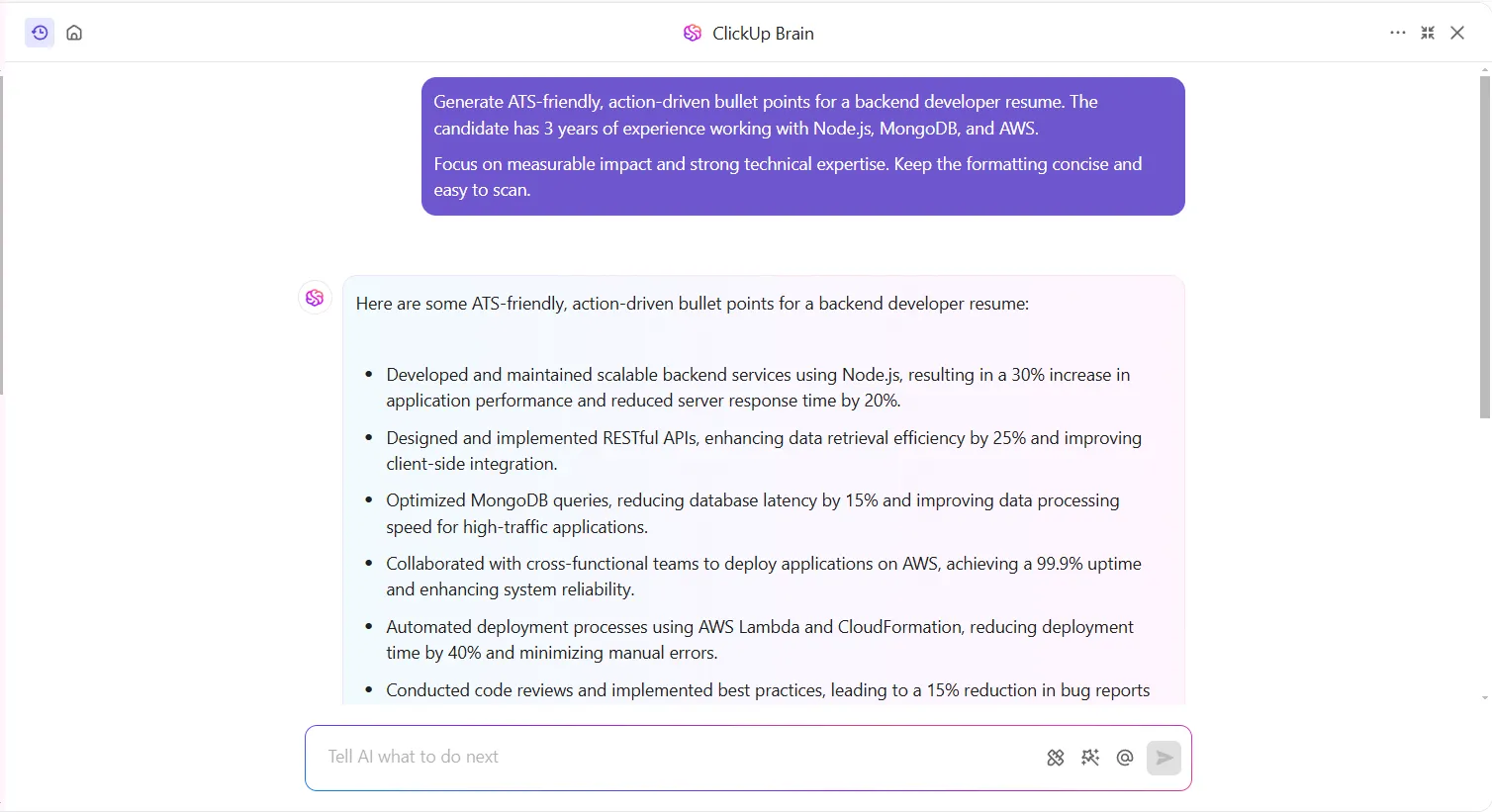 Obtenez des idées de CV et des suggestions d'optimisation ATS avec ClickUp.