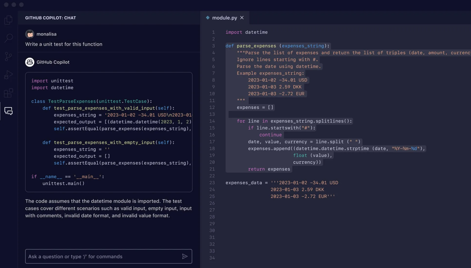 Scrivere codici utilizzando GitHub Copilot