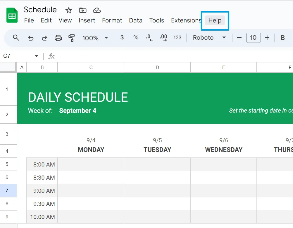 เมนูช่วยเหลือใน Google Sheets