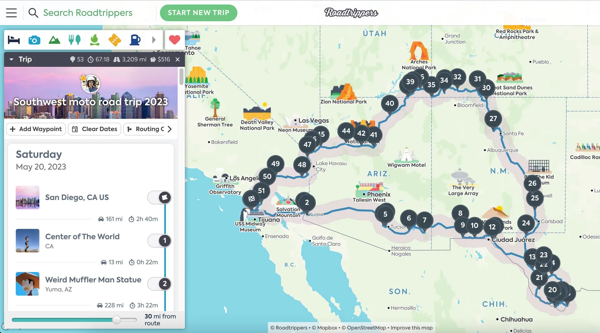 Dashboard di Roadtrippers
