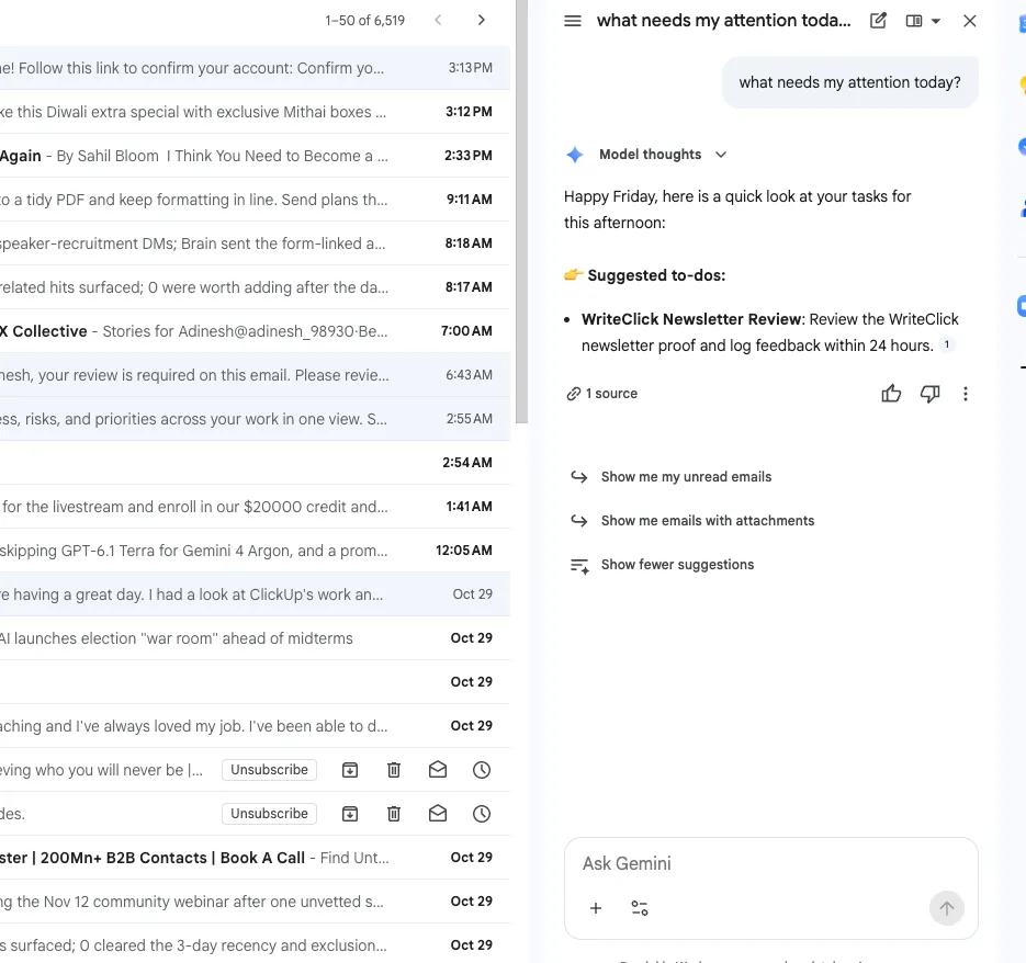 Gmail-Posteingang neben einer Antwort von Gemini auf die Frage „Was erfordert heute meine Aufmerksamkeit?“, in der die Durchsicht eines Newsletters als vorgeschlagene Aufgabe identifiziert und ein Link zu einer unterstützenden Quelle verknüpft wird