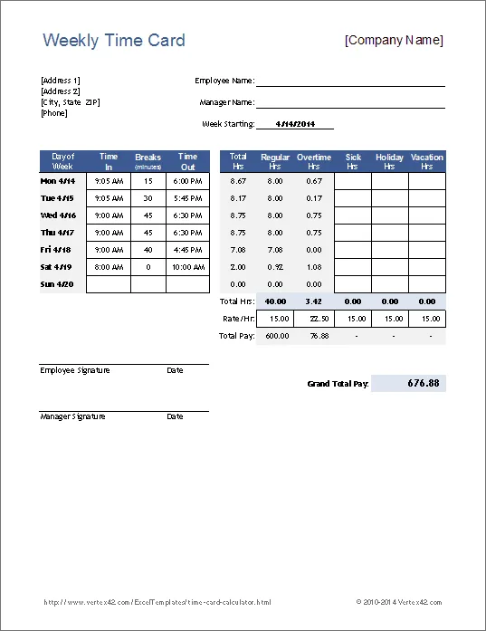 Mẫu máy tính thẻ chấm công Excel của Vertex42