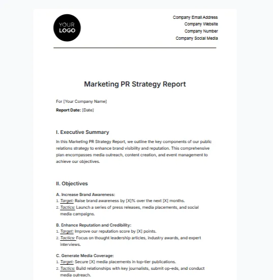 Szablony raportów PR: Szablon raportu strategii marketingowej PR autorstwa Template.Net