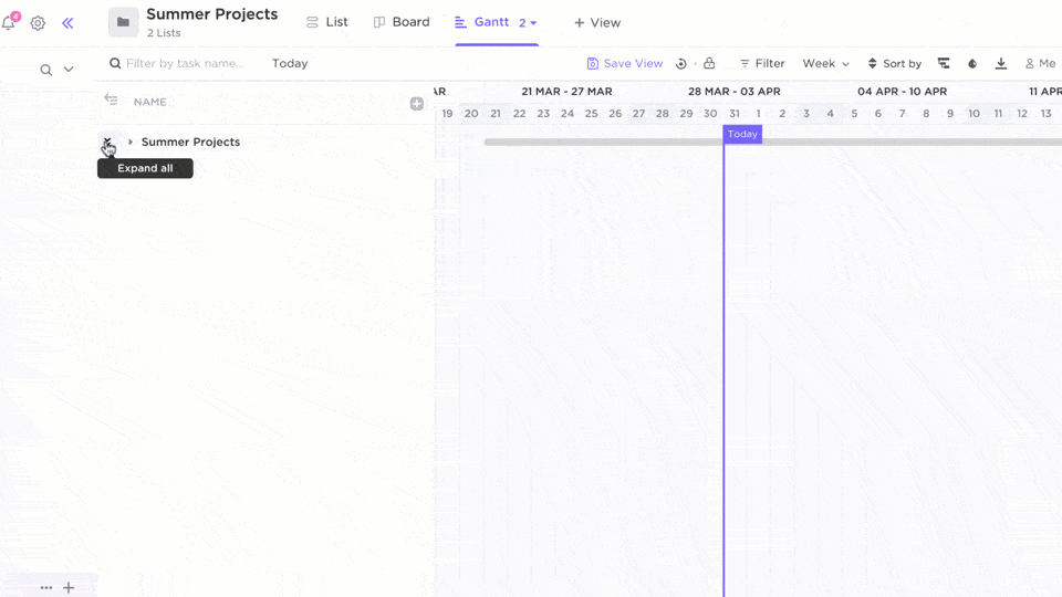 clickup expandir gráfico de Gantt