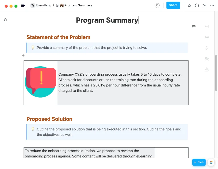 Plantilla de resumen del programa ClickUp