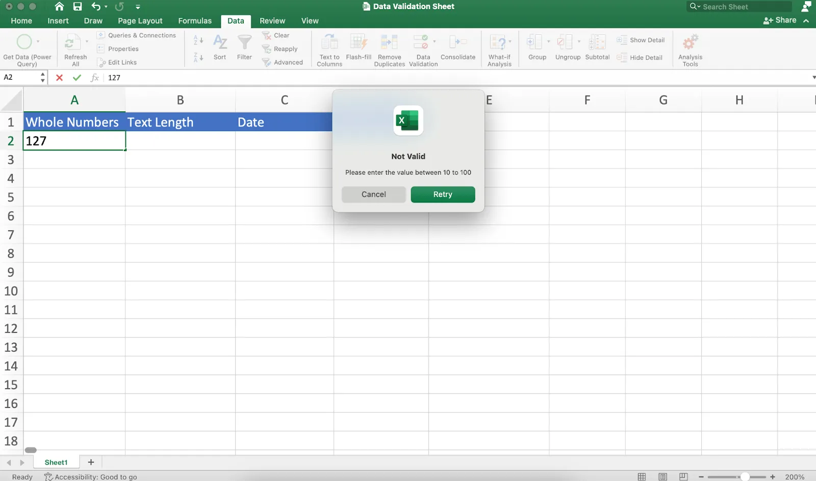 Varningsmeddelande: Datavalidering i Excel
