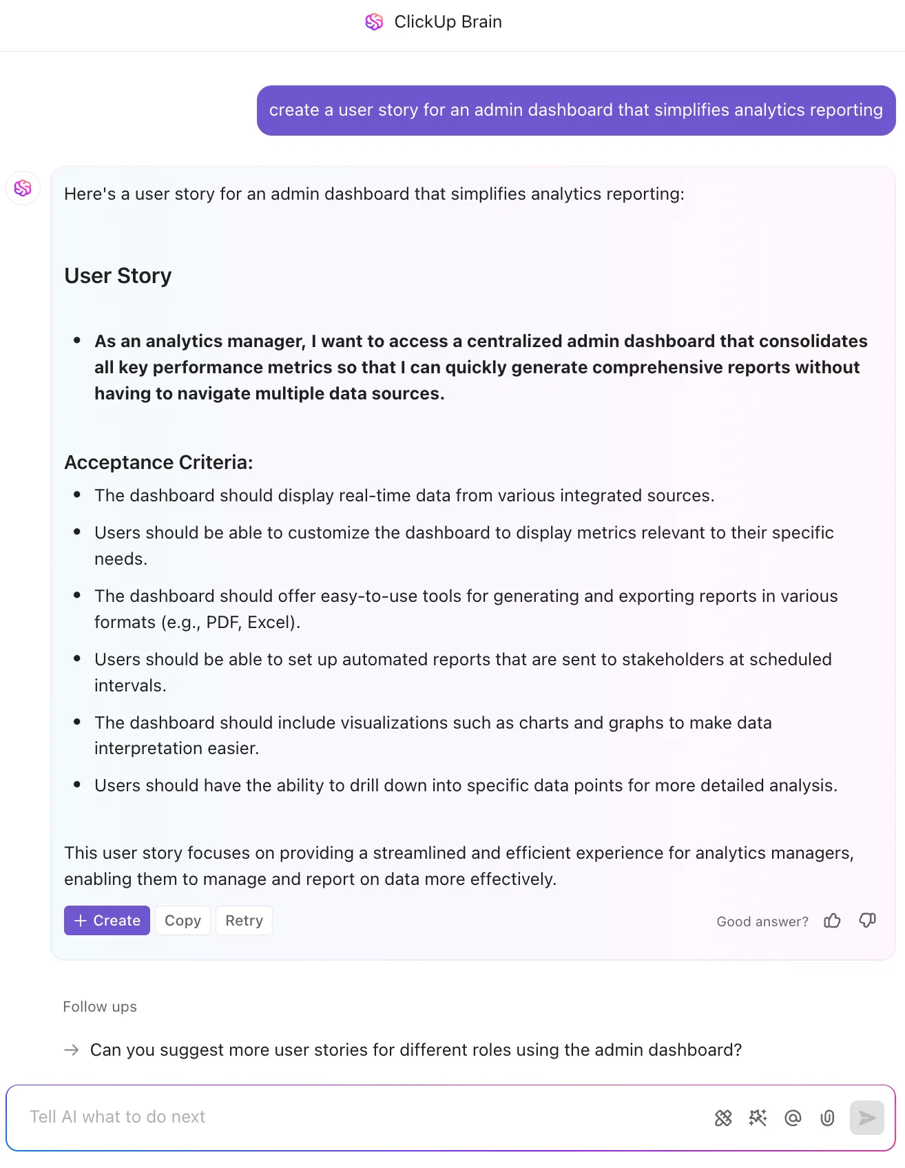 Création de user stories et de critères d'acceptation avec ClickUp Brain