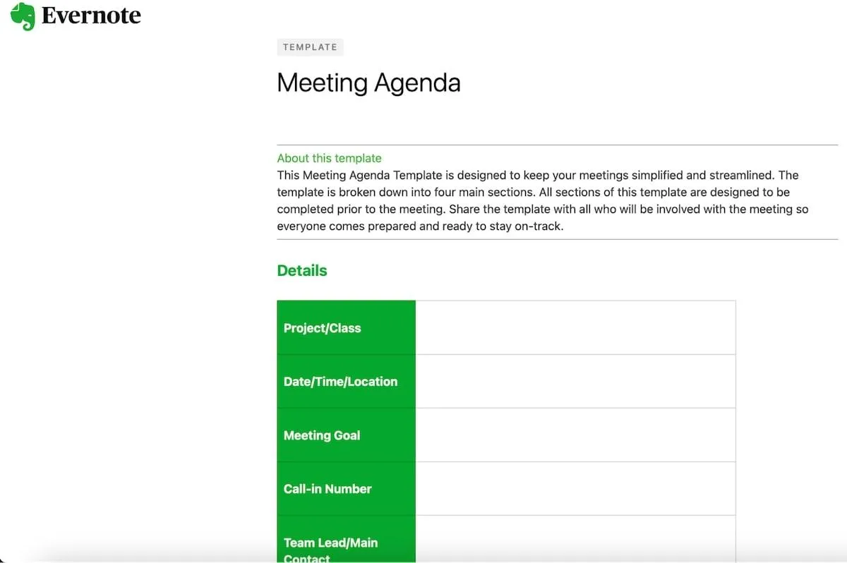 Evernote-Vorlage für Meeting-Agenden