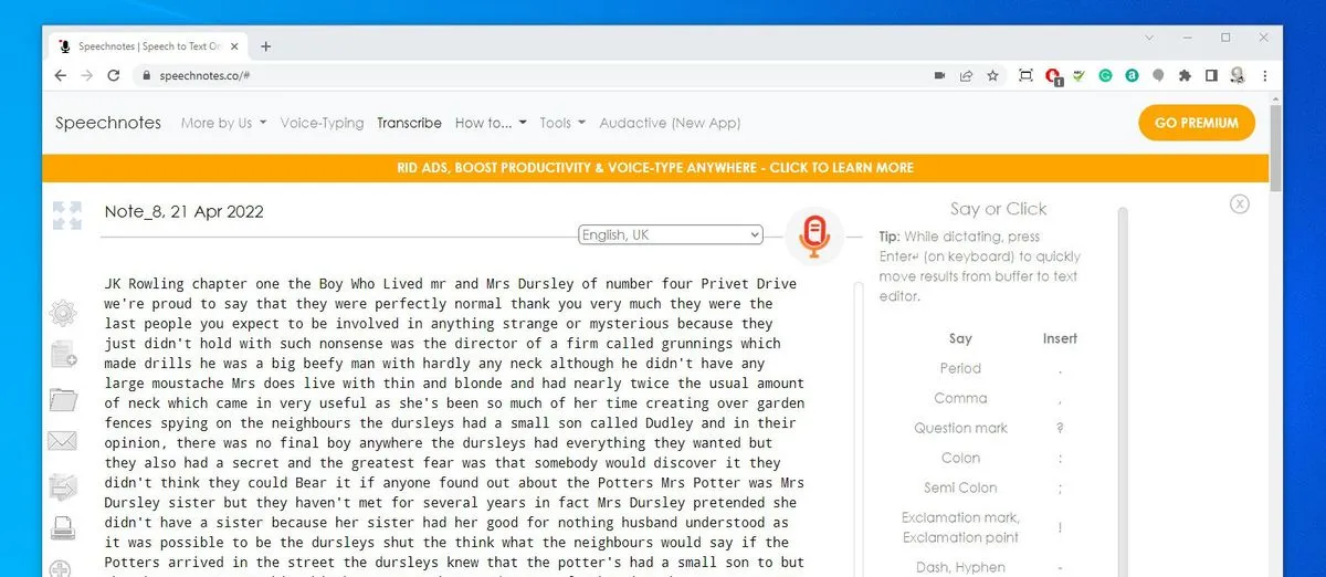 لوحة معلومات Speechnotes: بديل Dictation.io