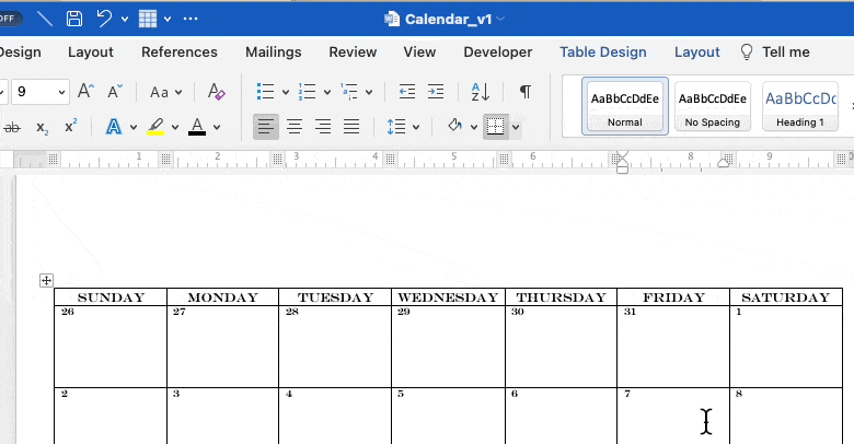 Lịch Microsoft Word