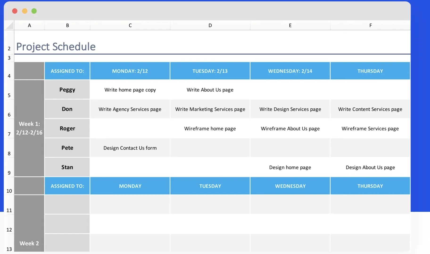 Excel-Vorlage für den Projektplan von TeamGantt