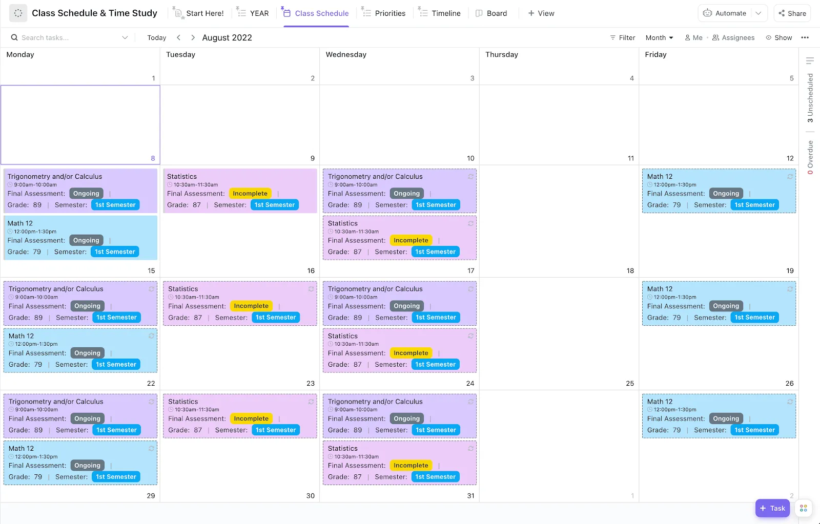เทมเพลตตารางเรียน ClickUp: สร้างหน้าวางแผนการเรียนโฮมสคูลของคุณเอง