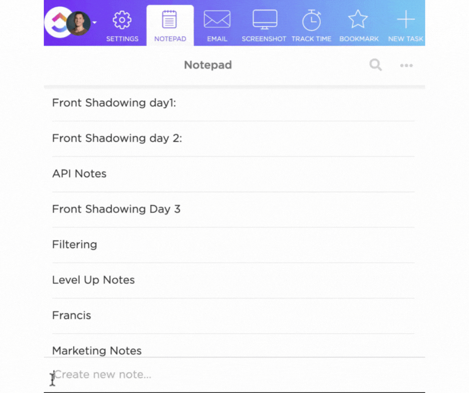 Die Notepad-Ansicht von ClickUp