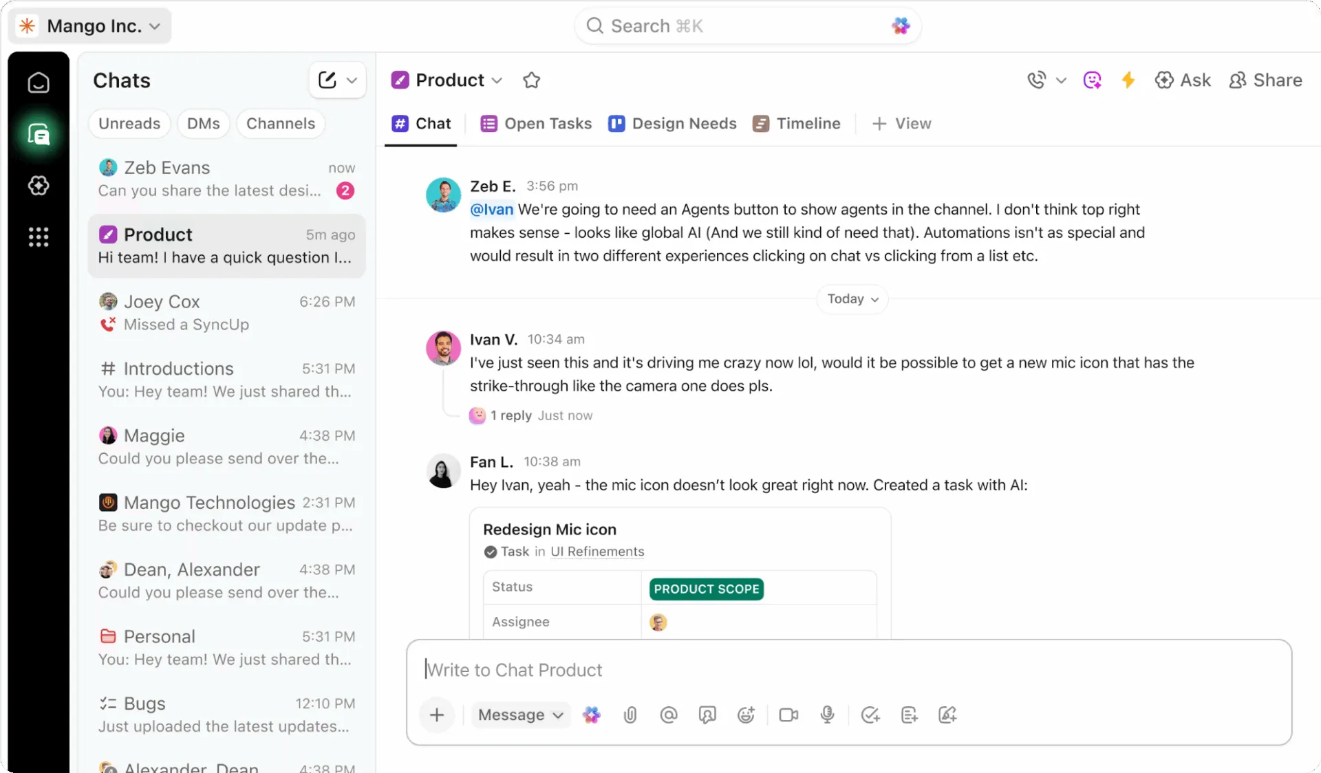 ClickUp Chat: conversazioni connesse che semplificano la collaborazione e riducono la dipendenza dai canali esterni per i clienti.