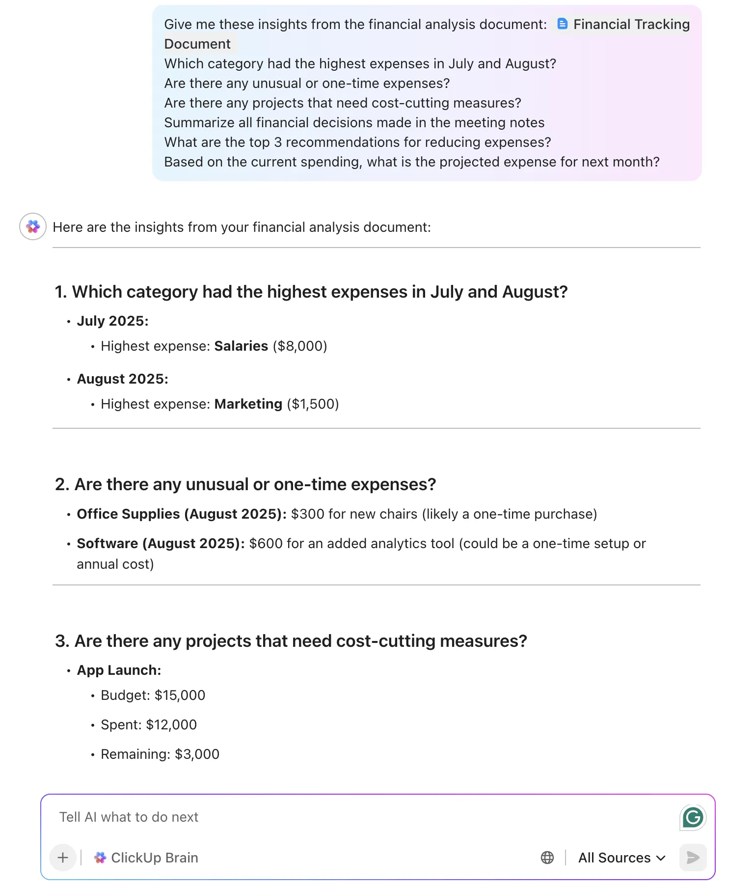 ClickUp Brain으로 금융 데이터 분석을 간소화하세요.