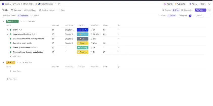 Template Daftar Tugas ClickUp untuk Tugas Kelas: template daftar tugas Notion