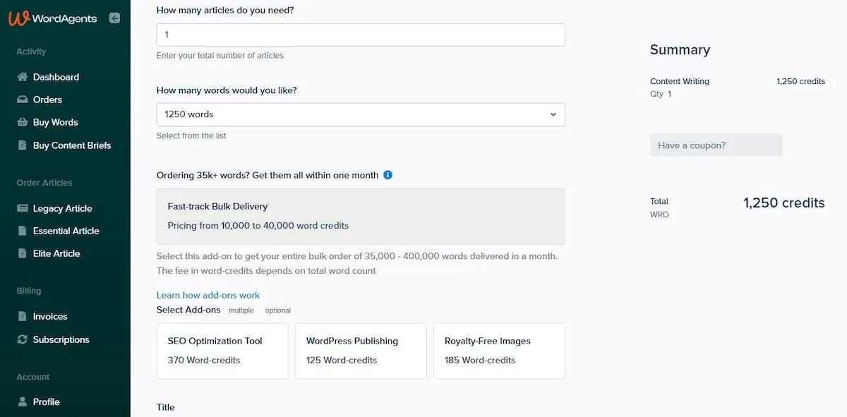 Serviços de redação de conteúdo: página de pedidos no WordAgents