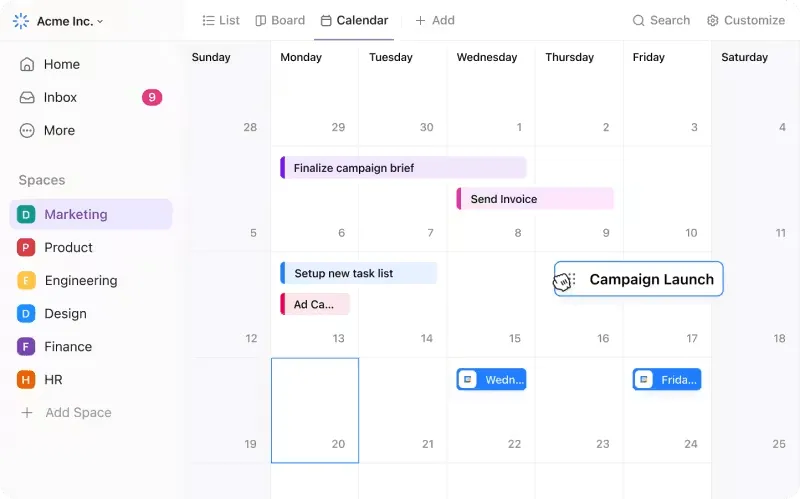 Vista de calendario de ClickUp: Reunión Round Robin