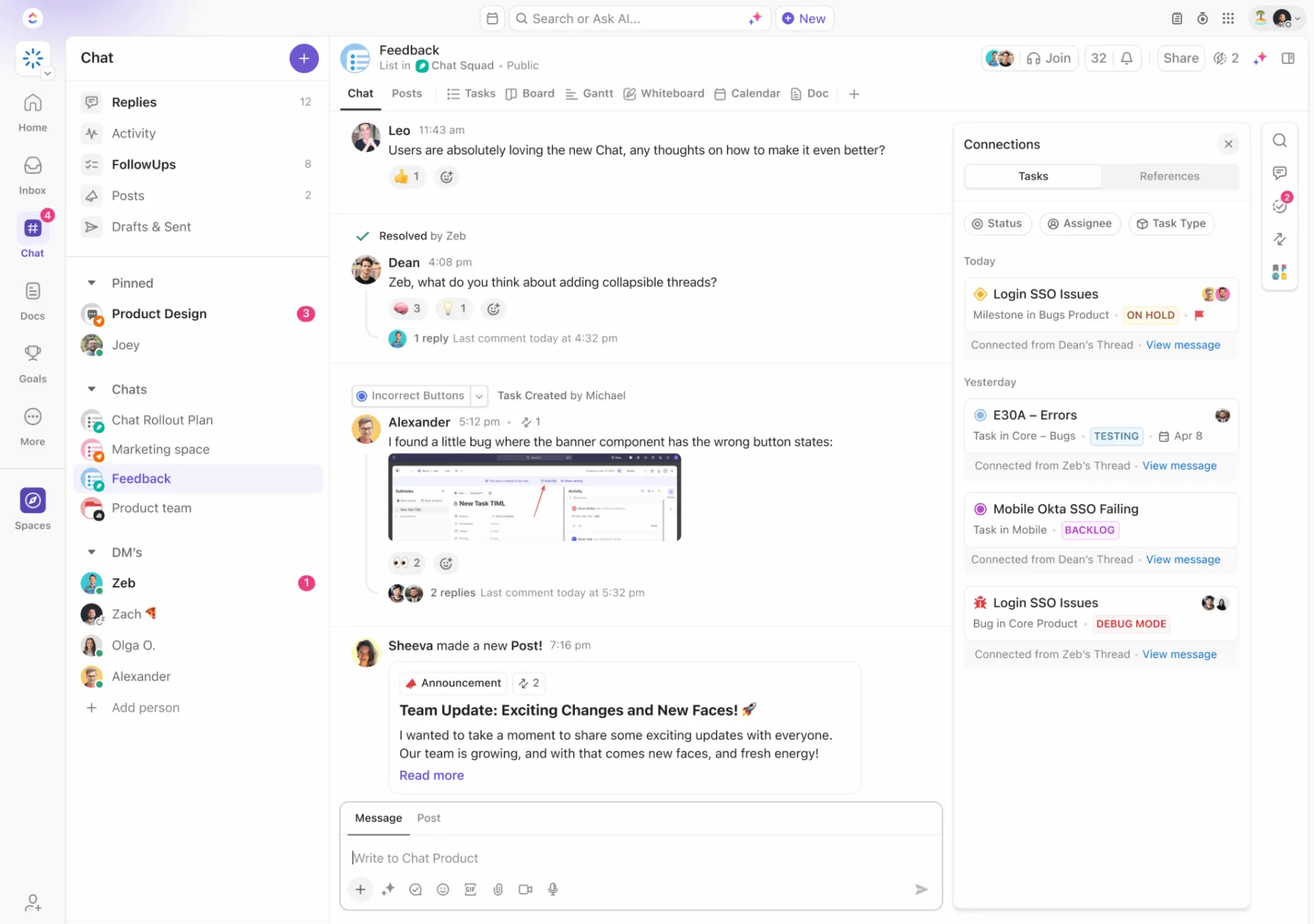 ClickUp Chat：クロスファンクショナルチーム間で革新的な解決策を議論するためのコラボレーションツール
