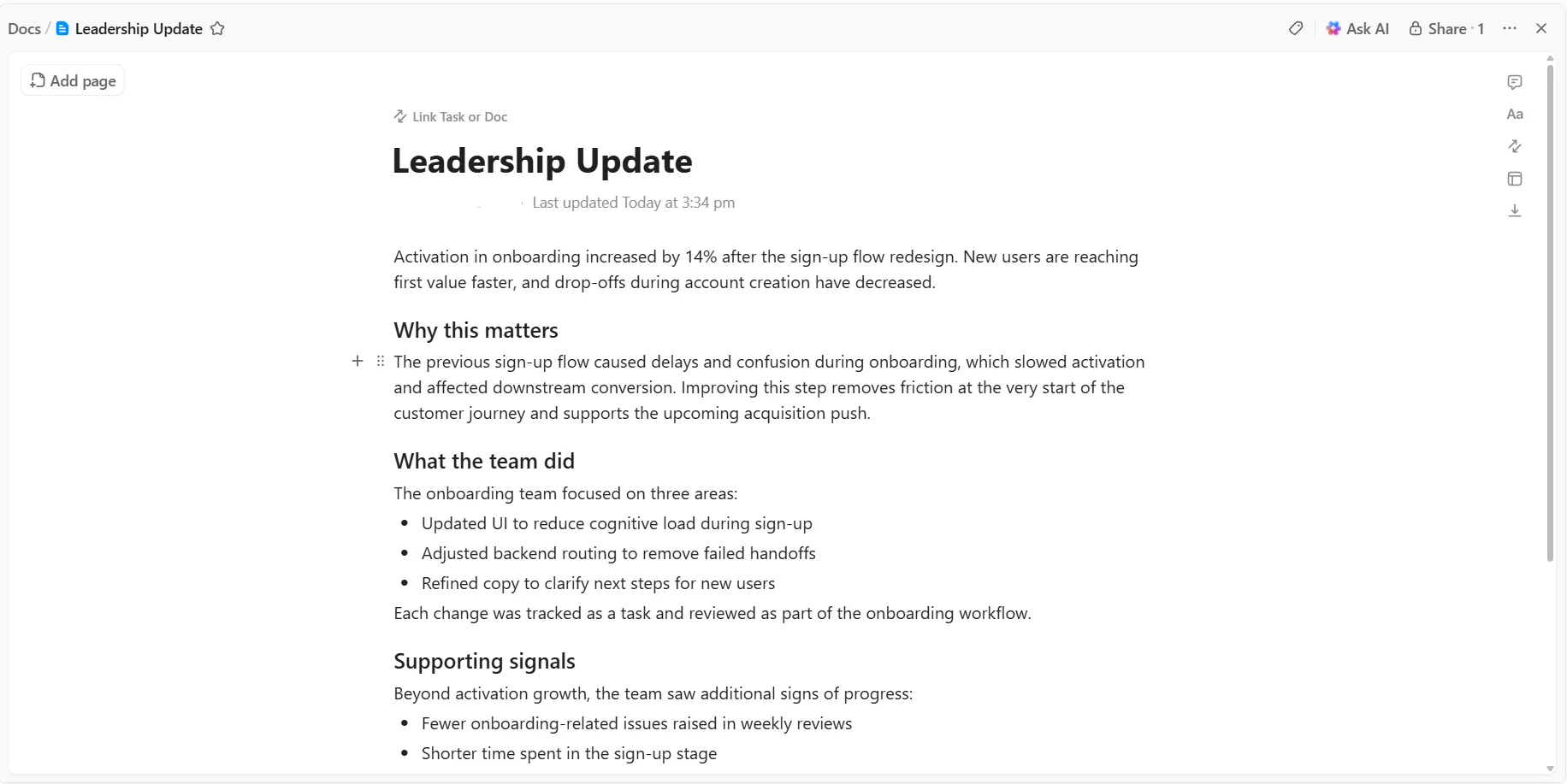 ClickUp Documenti: organizzate gli aggiornamenti per la leadership per comunicare in modo efficace con l'intera organizzazione.