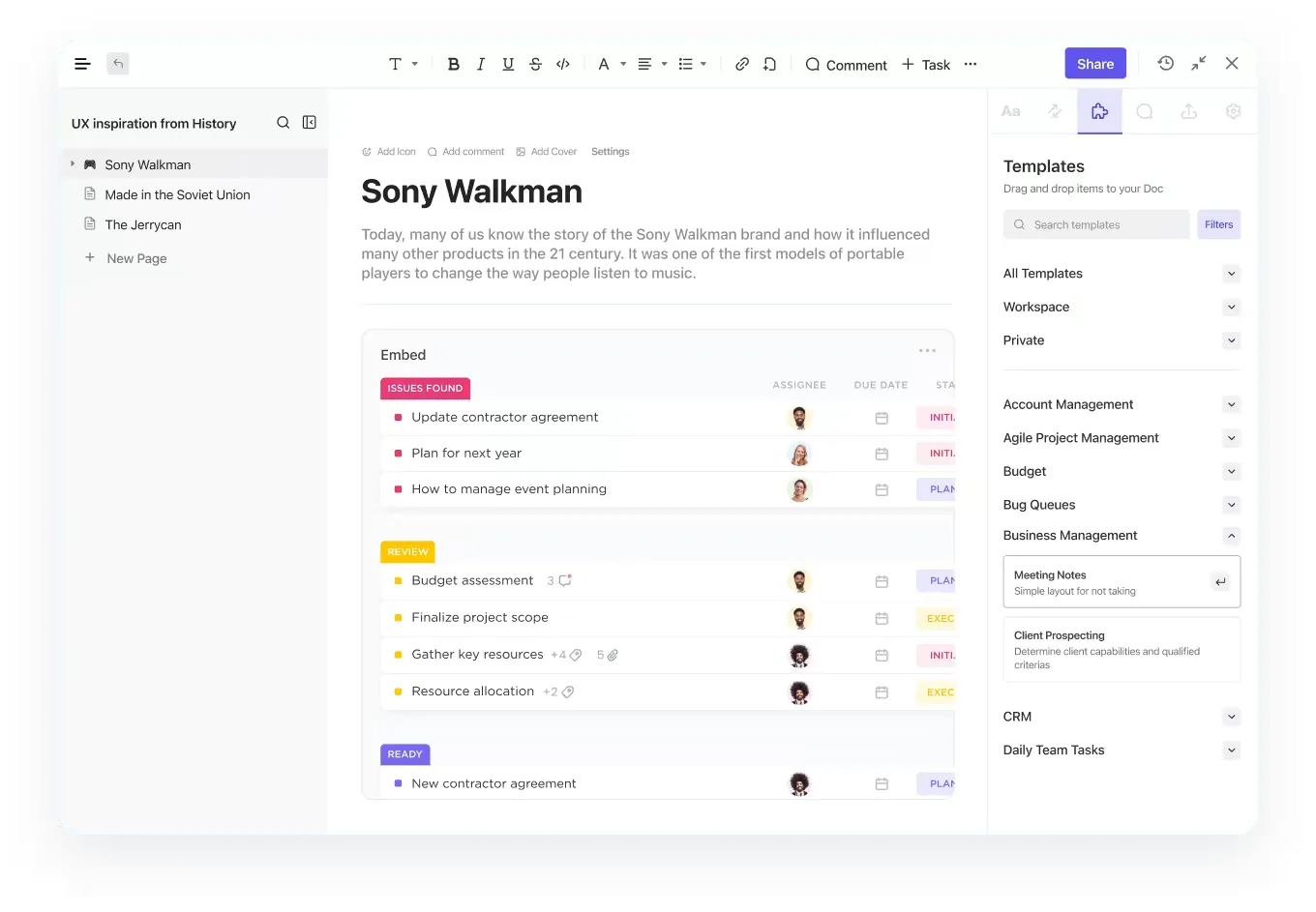حوّل الأفكار الموضحة في ClickUp Doc على الفور إلى مهام قابلة للتتبع مع تحديد المالكين وتواريخ الاستحقاق.
