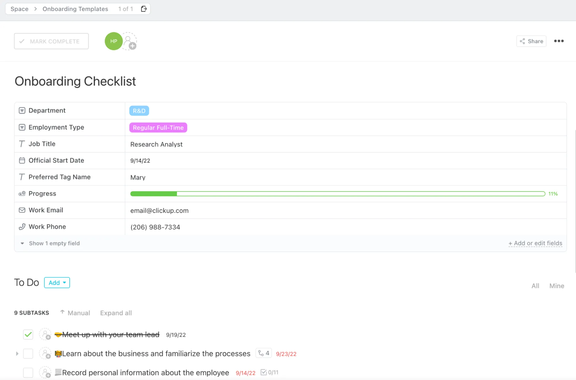 Plantilla de lista de control para la incorporación de ClickUp